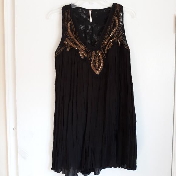 Free People Brown Beaded Lace Bodice Dress Swing Style Lined Size XS 2 - 4 - Picture 1 of 12